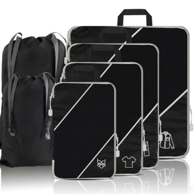 Image of SINZUX 6 PCS Compression Packing Cubes, Black Extensible Ultralight Cubes for Suitcases, Suitcase Organiser Bags Backpack Luggage, Travel and Home Storage