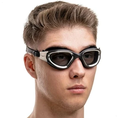 Image of AqtivAqua Swimming Goggles Adult and Kids 6 14 Men Women Swim Childrens Boys Girls Polarized DX P (Metallic Silver B, Black case, Polarised lens)