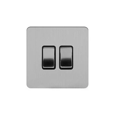 Image of Soho Lighting Brushed Chrome Flat Plate 10A 2 Gang Way Light Switch Black Insert Screwless