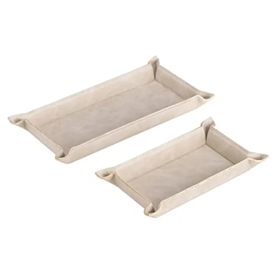 Image of Navaris Faux Leather Tray Set 2 Valet Organiser Trays for Bedside Table, Night Stand, Desk Store Keys, Change, Wallet, Phone, Glasses Beige