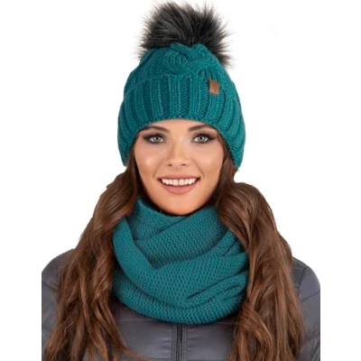Image of Vivisence Stylish Women&#039;s Winter Set Including Pompom Hat and Cozy Snood Scarf Made from Soft Warm Fabric Smooth Fleece Lining Ideal for Cold Days, Dark Turquoise,UNI