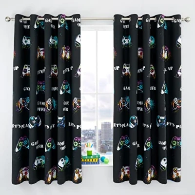 Image of Catherine Lansfield Game Over 66x72 Inch Fully Reversible Eyelet Curtains Two Panels Black