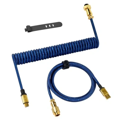 Image of ATTACK SHARK C03 Coiled USB C Cable for Gaming Keyboard, Type to A, PRO Custom Braided Double sleeved Mechanical Keyboard Charger with Gold plate Detachable Aviator Connector, Deep Blue