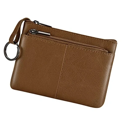 Image of Genuine Leather Coin Purse Pouch Triple Zipper Card Holder Wallet with Key Ring,Brown