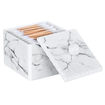 Image of Luxspire Cotton Swab Storage Box with Lid, Q Tip Holder Ball Canister Jar Bud Round Dispenser Box, Cosmetics Makeup Countertop Vanity Bathroom Organizer Containers, Marble White