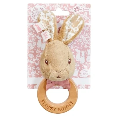 Image of Rainbow Designs Flopsy Bunny Wooden Ring Rattle Peter Rabbit and Friends Baby Teething Toy with Soft Chime Sustainable Wood Plush Fabric