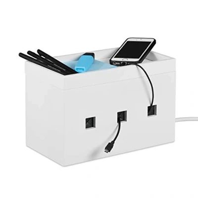 Image of Relaxdays Bamboo Cable Box, Hide Lead Extensions &amp; Cables, Desk Organiser, 16.5x25.5x14cm, White