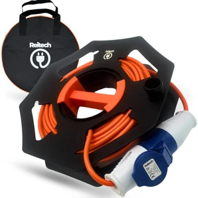 Image of Caravan Hook Up Cable with Tidy Reel &amp; Bag 25m/15m 16A 240V Outdoor Mains Extension Lead Heavy Duty Camping Accessories