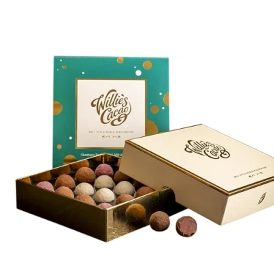 Image of Willie&#039;s Cacao Champagne Truffle gift Box Selection of Pink, milk &amp; dark Marc de truffles 110g Luxury chocolate