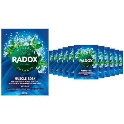 Image of Radox Muscle soak Bath Therapy Thyme Scented Herbal Salt with expertly Blended Herbs and Minerals to Soothe Your Tired Aching Muscles, 400g Multi Pack (12)