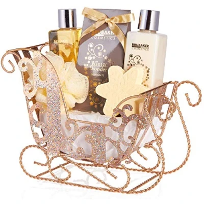 Image of BRUBAKER Cosmetics 6 Pcs Spa Gift Set Winter Wonder Vanilla Bath &amp; Shower with Golden Glitter Sleigh