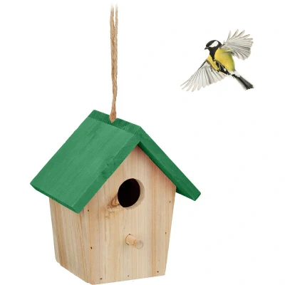 Image of Relaxdays Decorative Birdhouse, Wood, Hanging Bird Box, 16 x 15 11 cm, Nest, Garden, Patio &amp; Balcony, Natural/Green
