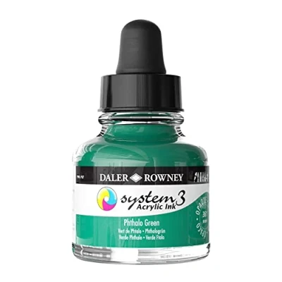 Image of Daler Rowney System3 Acrylic Ink, Glass Bottle with Dropper, Opaque, 1oz 29.5 ml, Phthalo Green