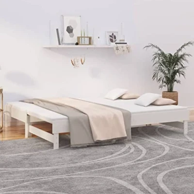 Image of vidaXL Solid Pinewood Pull Out Day Bed Versatile Sofa Bed, Slatted Design, Space Saving Solution for Living Room or Bedroom, Dual Purpose Sleepover White