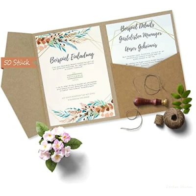 Image of Pack of 50 Pocketfold Kraft Paper Wedding Cards Blank I 121 x 158 mm for DIN B6 Envelope 300 g/m² Craft Invitations Card Folding