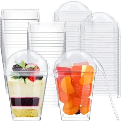 Image of KAHEIGN 50Pcs Plastic Dessert Cups with Lids and Spoons, 150ml Square Clear Parfait Appetizer Cup Reusable Serving Bowl for Pudding Mousse Party (7.5cm x 5.5cm)