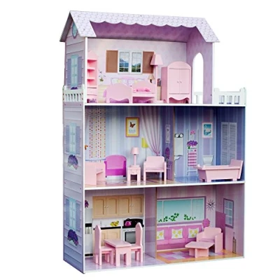 Image of Teamson Kids Olivia&#039;s Little World Dreamhouse Tiffany 3 Story Wooden Doll House with Balcony and 13 pc. Accessory Set for 12&quot; Dolls, Lavender