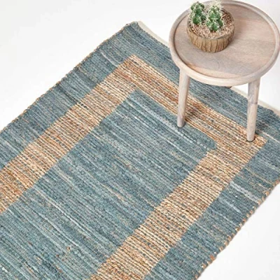 Image of HOMESCAPES Modern Rug Handwoven Natural &amp; Grey Hemp Cotton Chindi ‘Veranda’ Contemporary Rug, 120 x 170 cm