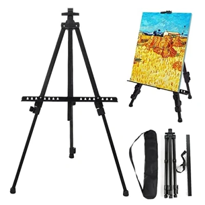 Image of 63“ Strong Metal Foldable Easel for Painting Canvases Floor Table Top Drawing and Displaying T Sign with Portable Black Bag Adjustable Height Extra Sturdy Lightweight