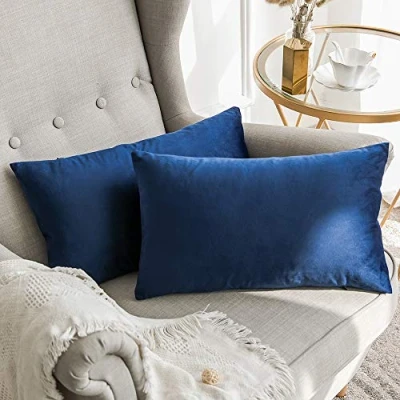 Image of MIULEE Velvet Soft Soild Microfiber Decorative Square Pillow Case Throw Cushion Cover for Sofa Bedroom with Invisible Zipper Navy Blue 12&quot;x20&quot;,2 Pieces