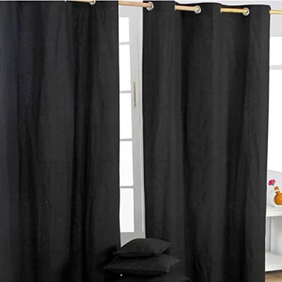 Image of HOMESCAPES Black Eyelet Curtain Pair 137cm (54&quot;) Wide x 182cm (72&quot;) Drop Plain Heavy Unlined Curtains