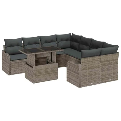 Image of vidaXL 9 Piece Garden Sofa Set with Cushions Grey Poly Rattan