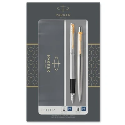 Image of Parker Jotter Duo Gift Set with Ballpoint Pen &amp; Fountain Stainless Steel Gold Trim Blue Ink Refill Cartridges Box