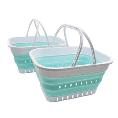 Image of SAMMART 19L Collapsible Tub with Handle Portable Outdoor Picnic Basket/Crater Foldable Shopping Bag Space Saving Storage Container (White/Lake Green (Set of 2))
