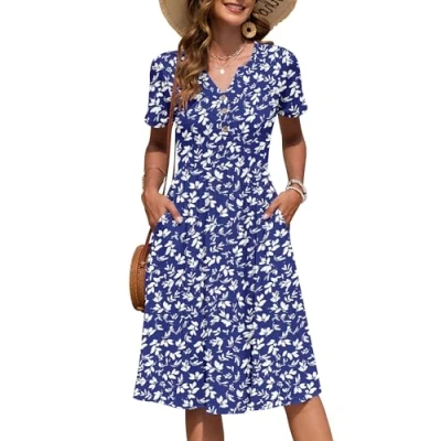 Image of AUSELILY Women&#039;s Summer Short Sleeve Midi Dresses V Neck Empire Button Knee Length Dress with Pockets Floral Blue S