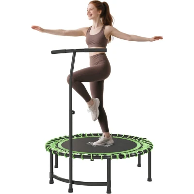 Image of HOMCOM 45&quot; Fitness Trampoline with Adjustable Handle, Folding Rebounder Mini Jumper for Indoor Exercise Workout, Support Up to 100kg, Green