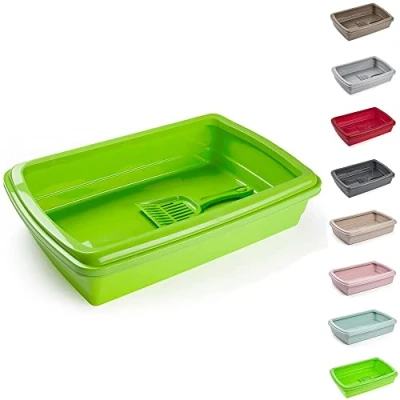 Image of PLASTIFIC Large Cat Litter Tray or Set with Bowls + Scoop Open Plastic Box Toilet Rim Easy Cleaning Tray, Box, Kittens/Cats (Green)