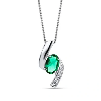 Image of Orovi Woman Necklace/Pendant With Chain 9 ct / 375 White Gold Diamonds Brilliant Cut and Emerald Oval 0.35 45 cm