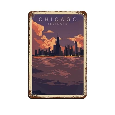 Image of AZOLID Vintage Metal Tin Signs Chicago Illinois Travel Poster Wall Decor Office Cafe Bathroom Badroom 14x20CM