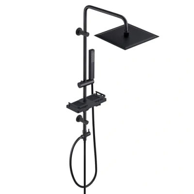 Image of Görbach Black Stainless Steel Shower Column Without Mixer Adjustable Wall Holes Rod, Rainfall Set with Hand and Head Object Holder Square Shelf 20 x cm