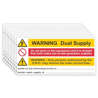 Image of iSigns Warning Signs (Dual Supply Notice), Pack of 10 Dual Labels, 130x60mm, Self Adhesive Write On Label, British HSE Standards Approved