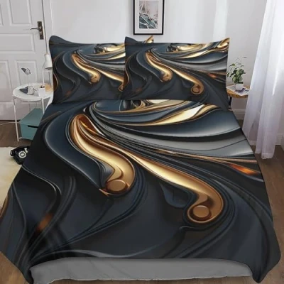 Image of INTCHE Black Gold Duvet Cover with Pillowcases 3D Printed Colored Metal Bedding Set Zipper Closure Hypoallergenic Soft Microfiber Quilt King（220x240cm）