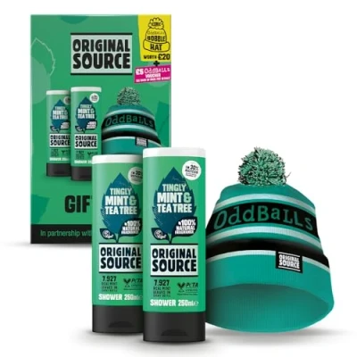 Image of Original Source x Oddballs Gift Set, Mint &amp; Tea Tree Shower Gel, Bobble Hat, Gifts for Men, Birthday Gift, 100 Percent Natural Fragrance, Vegan, Cruelty Free