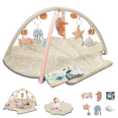 Image of Suihuooo Baby Play Mat, Ocean Shell Theme Playmats &amp; Floor Gyms, Gym with 6 Detachable Activity Toys, Early Sensory Development Mat for Infant Newborn (Beige)
