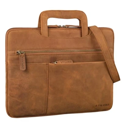 Image of STILORD &#039;Cole&#039; Vintage Laptop Bag 14 inch Leather Men Slim Sleeve Genuine Briefcase for Work Business Travel, Colour:tan dark brown