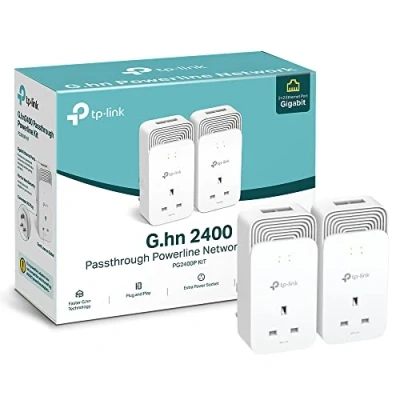 Image of TP Link Wired Passthrough Powerline Adapter Starter Kit, Advanced Protocol G.hn MIMO, Extra Power Socket, 2+2 Gigabit Ethernet Ports, No Configuration Required, Plug and Play, Pack of 2 (PG2400P KIT)