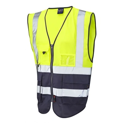 Image of Leo Workwear Lynton W11 Dual Colour Hi Vis Class 1 Multi pocket Superior Waistcoat, 4XL, Yellow Navy