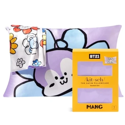 Image of BT21 x Kitsch Satin Pillowcase with Zipper Closure, Softer Than Mulberry Silk Pillow Cases Standard Size 1 Pack, Smooth Cooling Covers Queen for Hair, Skin Health &amp; Beauty Sleep 19x26 in, Mang