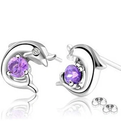 Image of findout Sterling Silver Amethyst Dolphin Earrings, for Women Girls Children.(s686) (Purple)