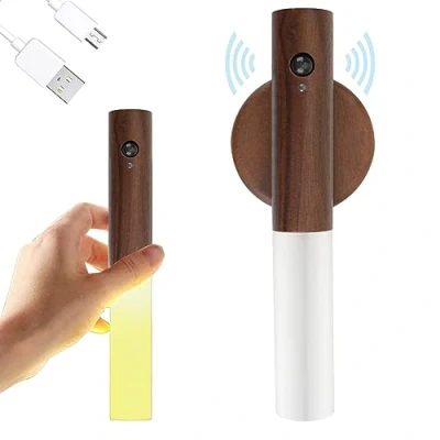 Image of JinsenTGG Wooden Wall Light, Indoor Night Light with Motion Sensor, Magnetic Rechargeable Wireless Battery Lights Switch for Bedroom, Hallway, Stairway, Children Room and More (Walnut 1pc)