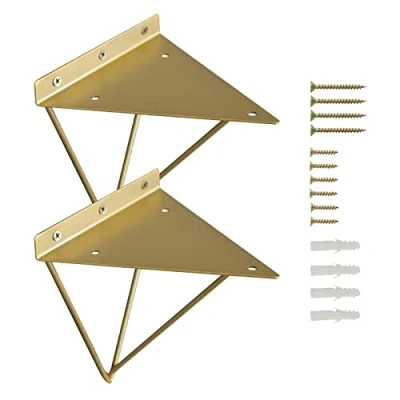 Image of Pxzybd Shelf Brackets Gold, Geometric Prismatic Metal Supporter, Hairpin Shelving Brackets, Modern Iron for Shelves, Wall Decoration/Space Saving, 2 Pcs,Gold 10cm(3.9in)
