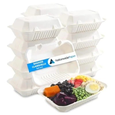 Image of Nationwide Paper 9x6 Inch 1 Compartment Bagasse Clamshell Takeaway Box, Biodegradable Sugarcane Hinged Food Container (50pcs)