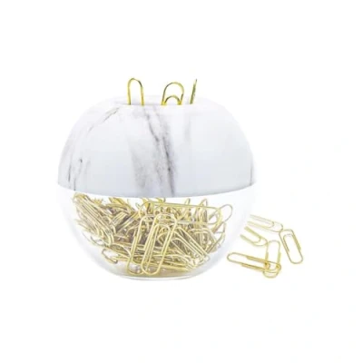 Image of 100pcs 28mm Gold Paper Clips in Marble White Round Clip Dispenser Holder with Magnetic Lid Ring for Office School Home Organizer Accessories Gift Idea (Marble White)