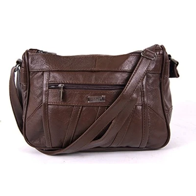 Image of Lorenz cowhide real leather handbag with twin zip main compartments 3796 (Dark Brown)