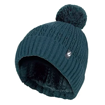 Image of HEAT HOLDERS Ladies Thermal Cable Beanie Hat Winter Knitted Pom Soft Ribbed Bobble (One Size, Teal)