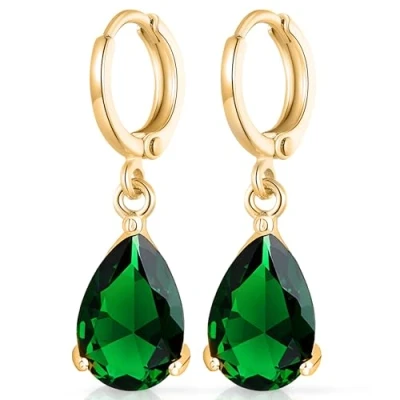 Image of Crystalline Azuria Women 18ct Gold Plated Teardrops Green Simulated Emerald Zirconia Crystals Wedding Dangle Earrings